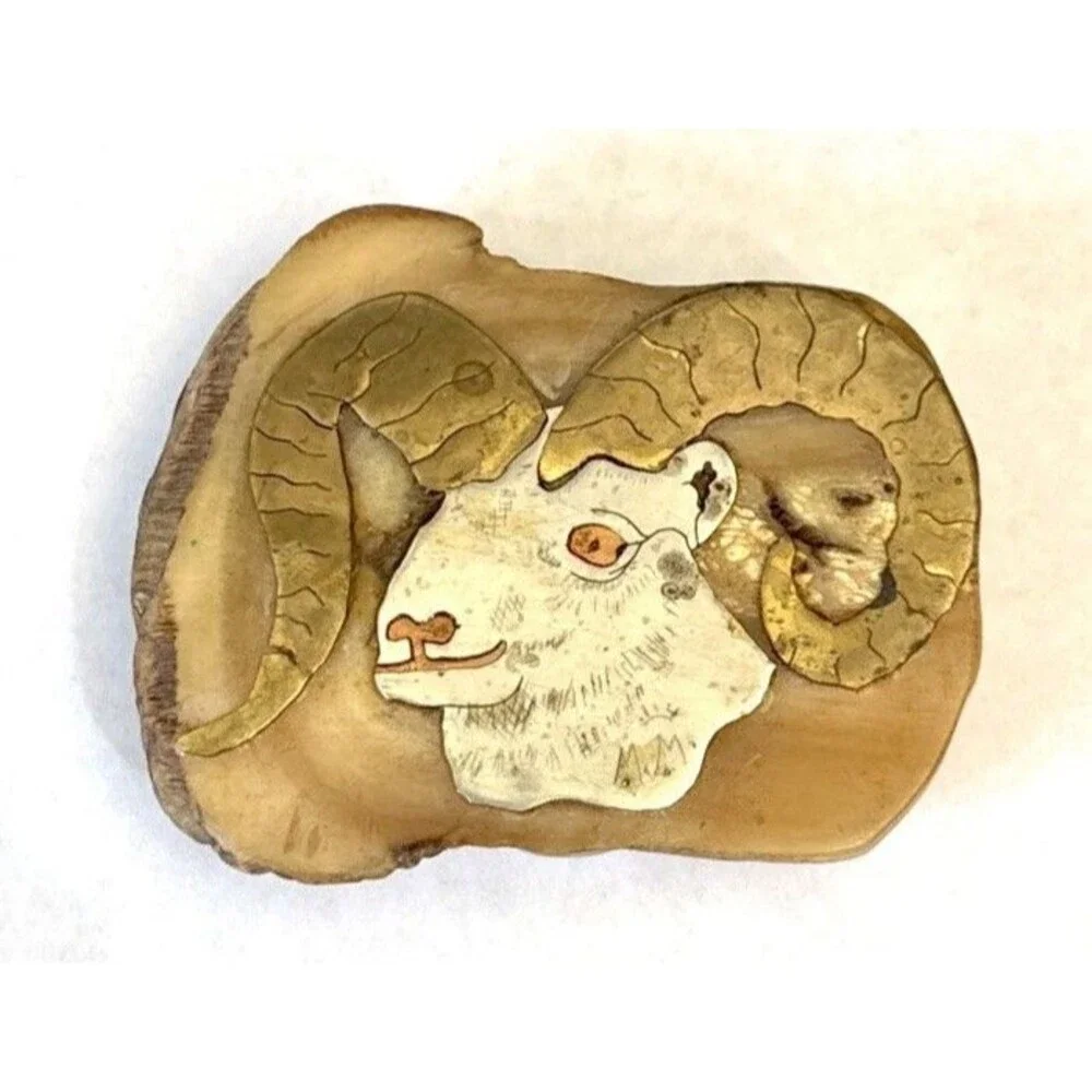VINTAGE 70s BIG HORN RAM Antler Brass Copper Pewter SW ART BELT BUCKLE Signed